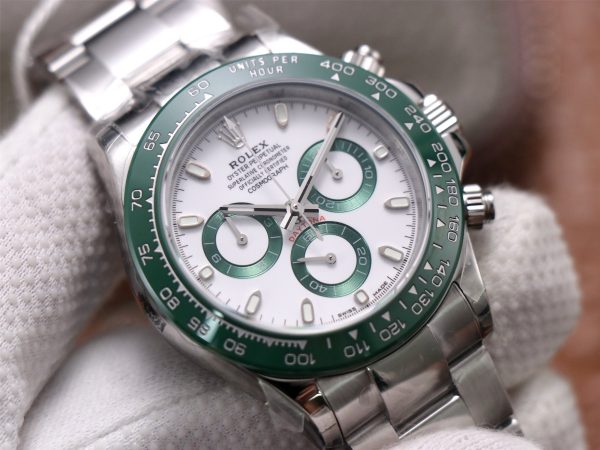 DAYTONA 40MM STEEL CASE GREEN BEZEL WHITE DIAL - Image 3